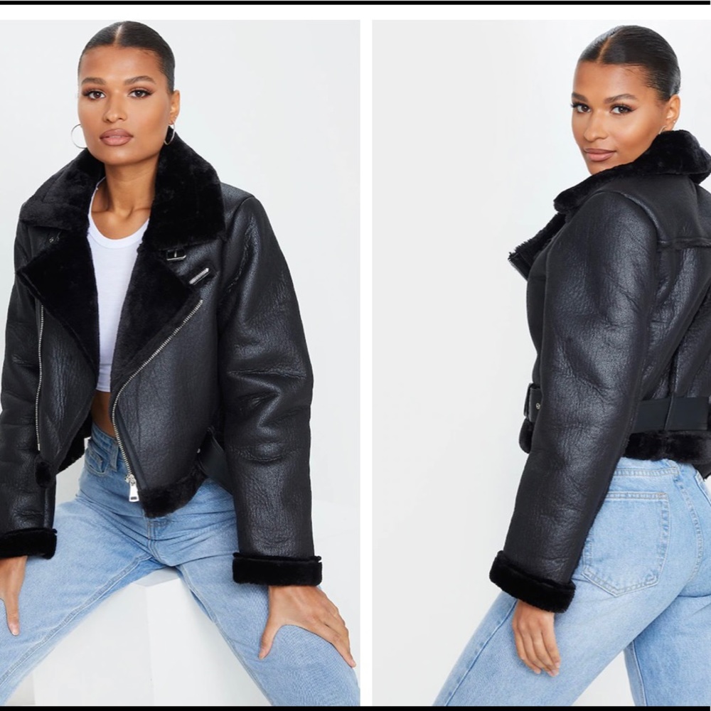 BRAND NEW Black PU Cropped Belted Aviator